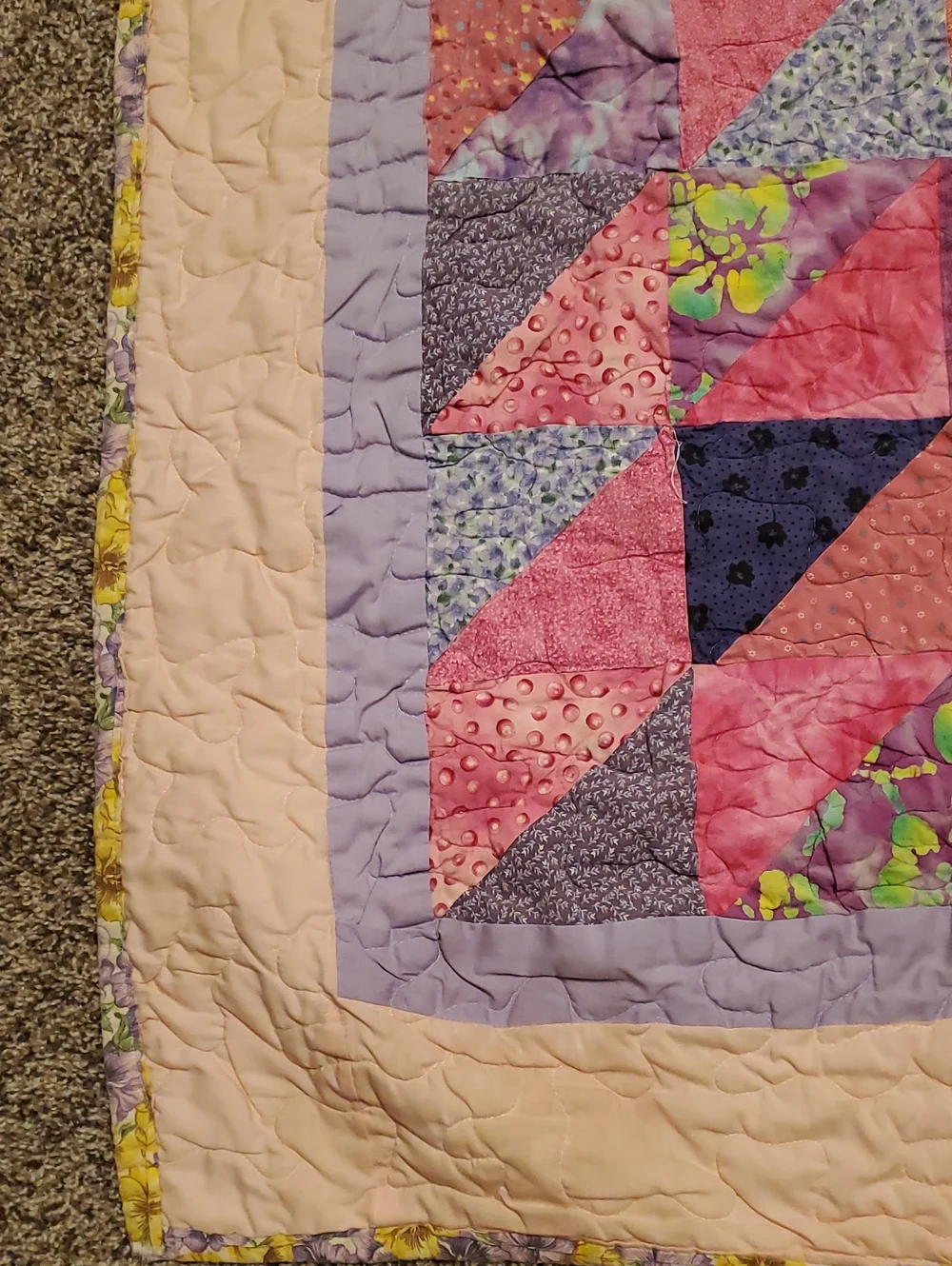 Vintage Handmade Patchwork Baby Quilt in Pinks and Purples